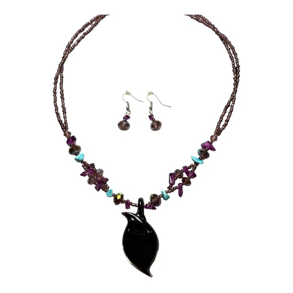 Boho Glass Pendant Necklace & Dangle Earrings Set Beaded Cord Purple Turquoise - Picture 6 of 7